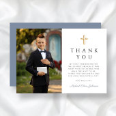 Dusty Blue Boy First Communion Cross Photo Bedankkaart
