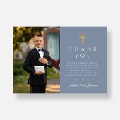 Dusty Blue Boy First Communion Cross Photo Bedankkaart