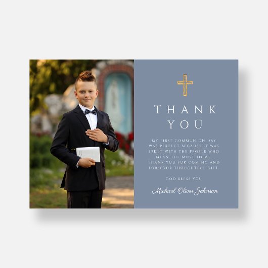 Dusty Blue Boy First Communion Cross Photo Bedankkaart