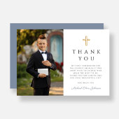 Dusty Blue Boy First Communion Cross Photo Bedankkaart