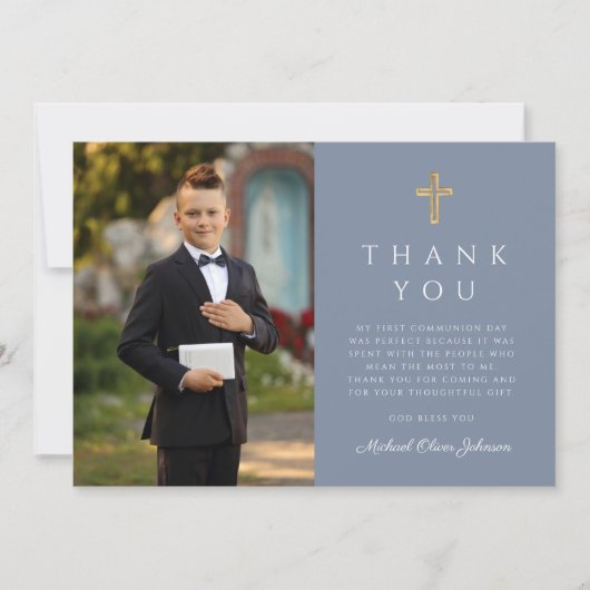 Dusty Blue Boy First Communion Cross Photo Bedankkaart (Voorkant)