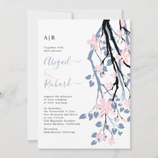 Dusty blue branch, blush bloemen initialen bruilof kaart (Voorkant)