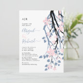 Dusty blue branch, blush bloemen initialen bruilof kaart (Staand voorkant)