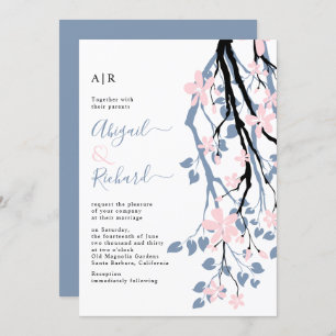 Dusty blue branch, blush bloemen initialen bruilof kaart