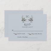 Dusty Blue Branch Monogram Wedding RSVP Kaartje (Voorkant / Achterkant)