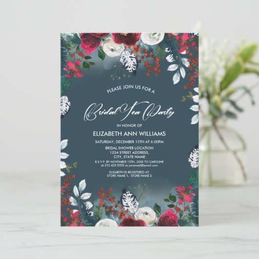 Dusty Blue | Bridal Tea-partij van het Rode Bloom  Kaart (Staand voorkant)