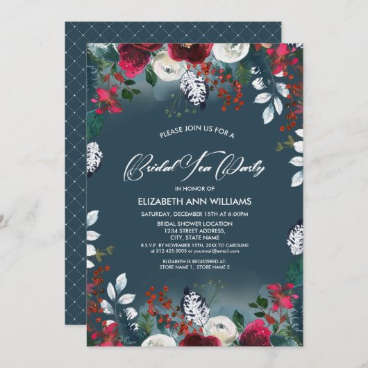Dusty Blue | Bridal Tea-partij van het Rode Bloom Kaart (Voorkant / Achterkant)