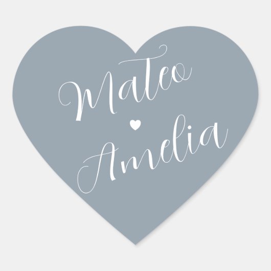 Dusty Blue Bride en Groom Names on Wedding Hart Sticker (Voorkant)