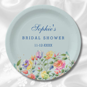 Dusty Blue Bright Floral Pink Roses Vrijgezellenfe Papieren Bordje