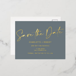 Dusty blue bruiloft met gouden datumscript folie uitnodiging briefkaart
