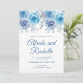 dusty blue bruiloft peony roos floral bruiloft inv kaart (Staand voorkant)