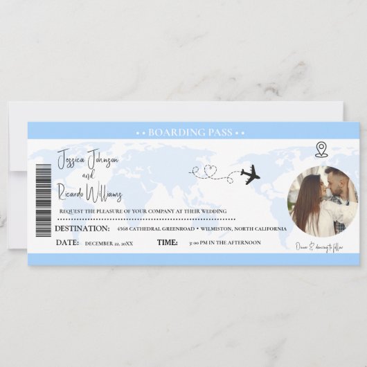 Dusty Blue Bruiloft uitnodiging Boarding pass tick (Voorkant)