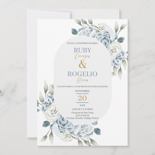 Dusty Blue bruiloft uitnodiging in het Spaans (Voorkant)