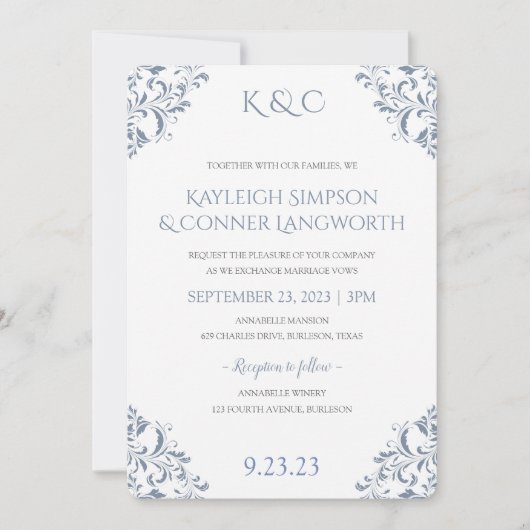 Dusty Blue bruiloft uitnodigingen | Elegante Vinta (Voorkant)