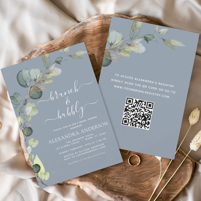 Dusty Blue Brunch & Bubbly QR Code Uitnodiging (Creator heeft geüpload)