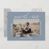 Dusty blue brush script 2 foto's slaan de datum op briefkaart (Voorkant / Achterkant)