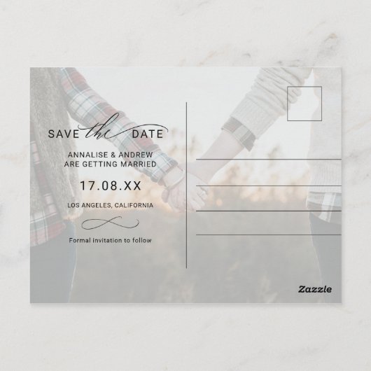 Dusty blue brush script 2 foto's slaan de datum op briefkaart (Achterkant)