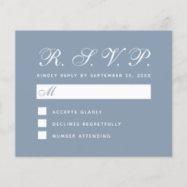 Dusty Blue Budget RSVP Simple White-scriptkaart