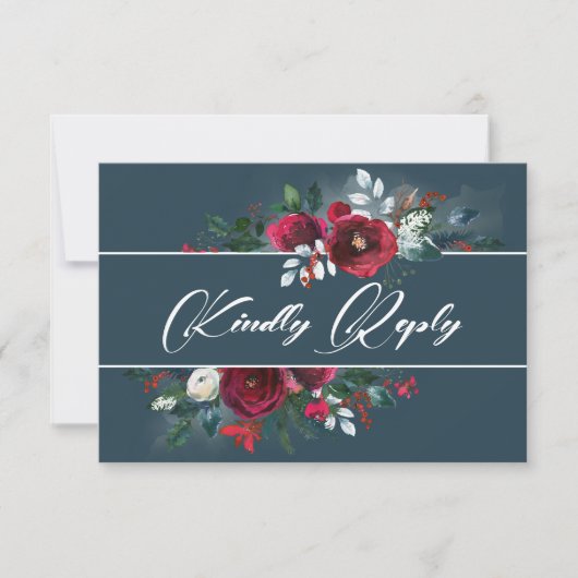 Dusty Blue | Burgundy Bloom Wedding RSVP Kaart (Voorkant)