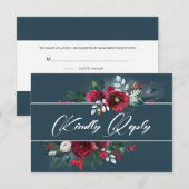 Dusty Blue | Burgundy Bloom Wedding RSVP Kaart (Voorkant / Achterkant)