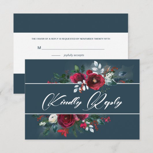 Dusty Blue | Burgundy Bloom Wedding RSVP Kaart (Voorkant / Achterkant)