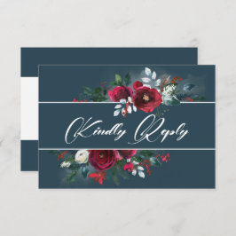 Dusty Blue | Burgundy Bloom Wedding RSVP Kaart