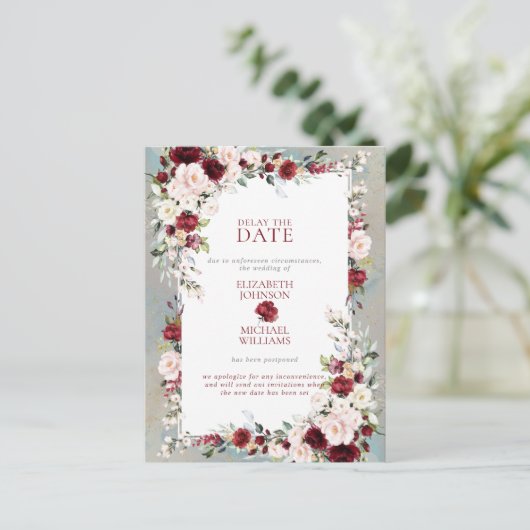 Dusty Blue Burgundy Blush Floral Delay The Date Briefkaart (Staand voorkant)