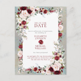 Dusty Blue Burgundy Blush Floral Delay The Date Briefkaart