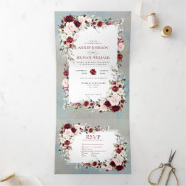 Dusty Blue Burgundy Blush Floral Foto Drieluik Uitnodiging