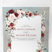 Dusty Blue Burgundy Blush Floral Foto Drieluik Uitnodiging (Binnenzijde eerst)