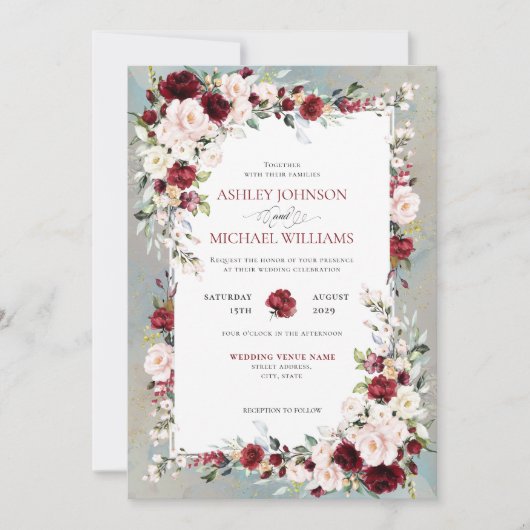 Dusty Blue Burgundy Blush Floral Kaart (Voorkant)