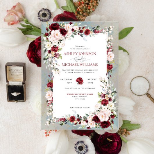 Dusty Blue Burgundy Blush Floral Wedding Kaart