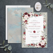 Dusty Blue Burgundy Blush Floral Wedding Kaart
