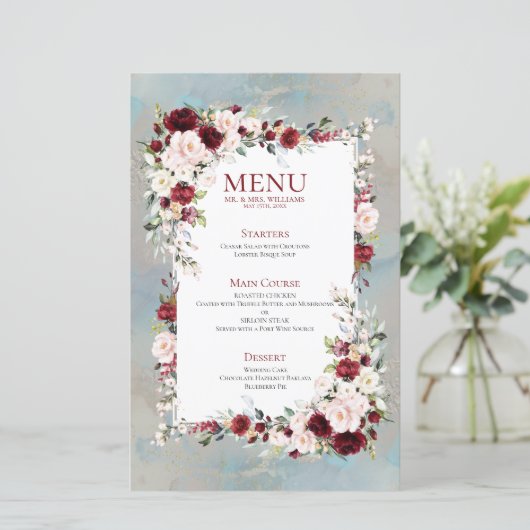 Dusty Blue Burgundy Blush Floral Wedding Menu (Staand voorkant)
