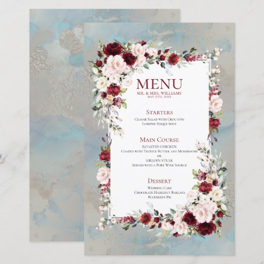 Dusty Blue Burgundy Blush Floral Wedding Menu (Voorkant / Achterkant)