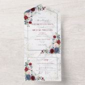Dusty Blue Burgundy Blush Gold Floral Wedding All In One Uitnodiging (Binnen)