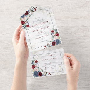 Dusty Blue Burgundy Blush Gold Floral Wedding All In One Uitnodiging