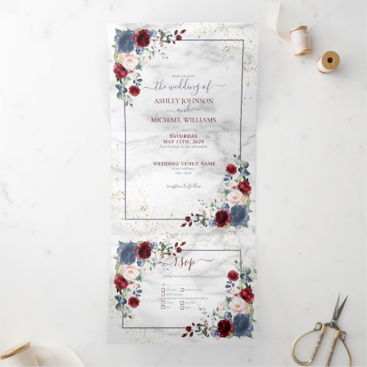 Dusty Blue Burgundy Blush Gold Floral Wedding Drieluik Uitnodiging (Binnen)