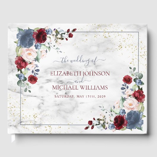 Dusty Blue Burgundy Blush Gold Floral Wedding Gastenboek (Voorkant)