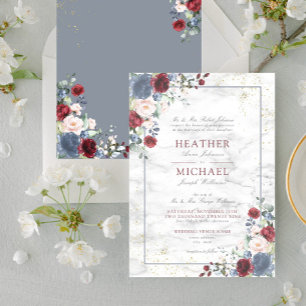Dusty Blue Burgundy Blush Gold Floral Wedding Inv Kaart