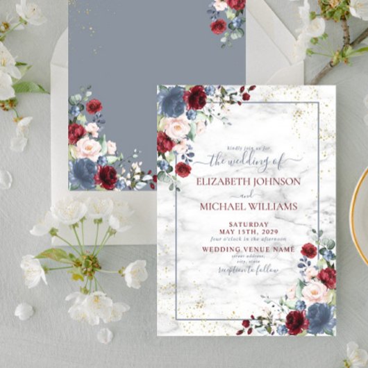 Dusty Blue Burgundy Blush Gold Floral Wedding Kaart