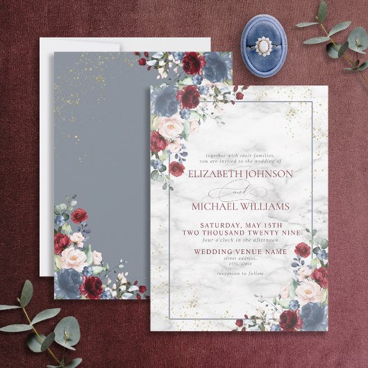 Dusty Blue Burgundy Blush Gold Floral Wedding Kaart