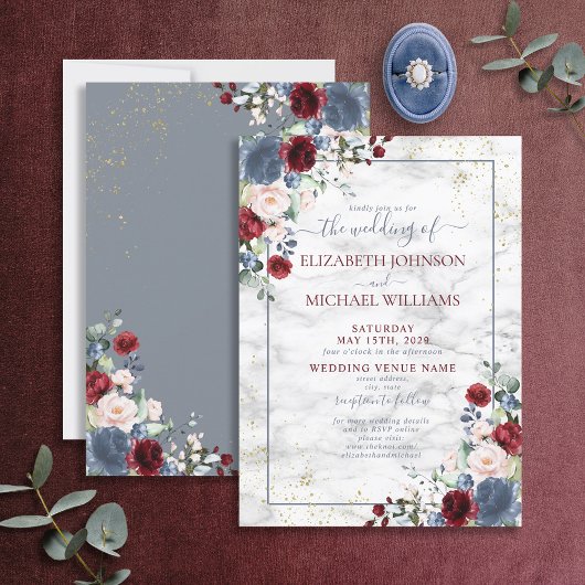 Dusty Blue Burgundy Blush Gold Floral Wedding Kaart