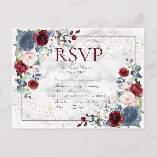 Dusty Blue Burgundy Blush Gold Wedding RSVP Uitnodiging Briefkaart (Voorkant)