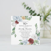 Dusty Blue Burgundy Floral 90e verjaardag Kaart (Staand voorkant)