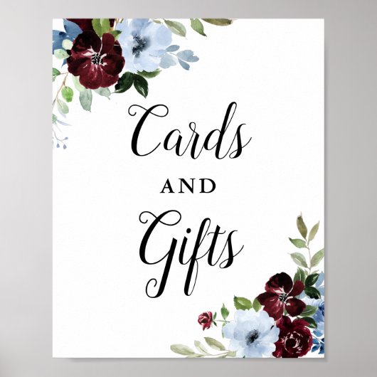 Dusty blue burgundy floral cards en cadeaubord poster (Voorkant)