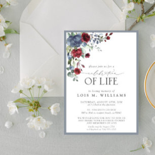 Dusty Blue Burgundy Floral Celebration of Life Kaart