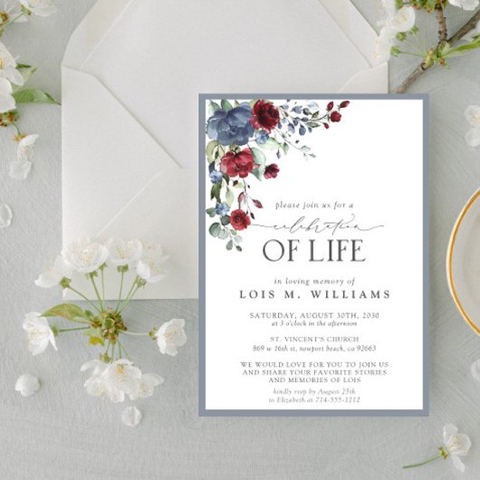 Dusty Blue Burgundy Floral Celebration of Life Kaart