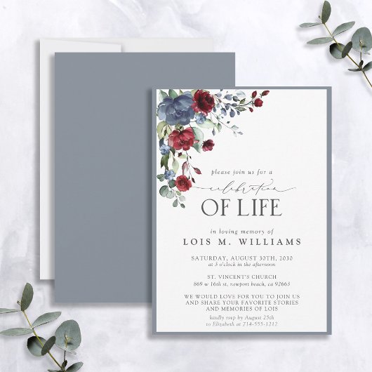 Dusty Blue Burgundy Floral Celebration of Life Kaart
