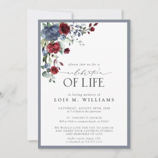 Dusty Blue Burgundy Floral Celebration of Life Kaart (Voorkant)